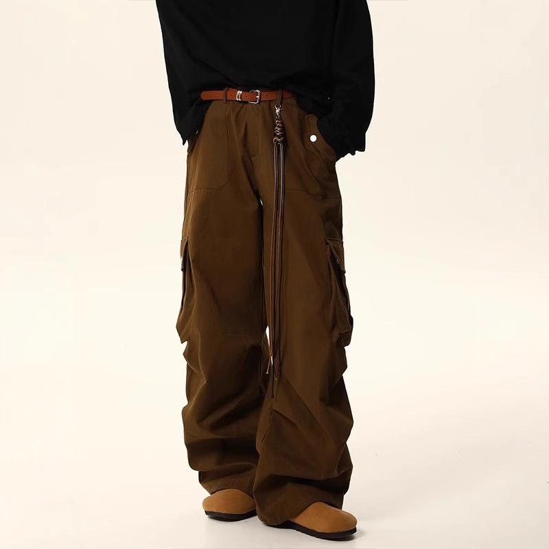 American Retro Maillard Brown Unisex Paratrooper Overalls - Autumn Loose Straight Wide-Leg Casual Pants