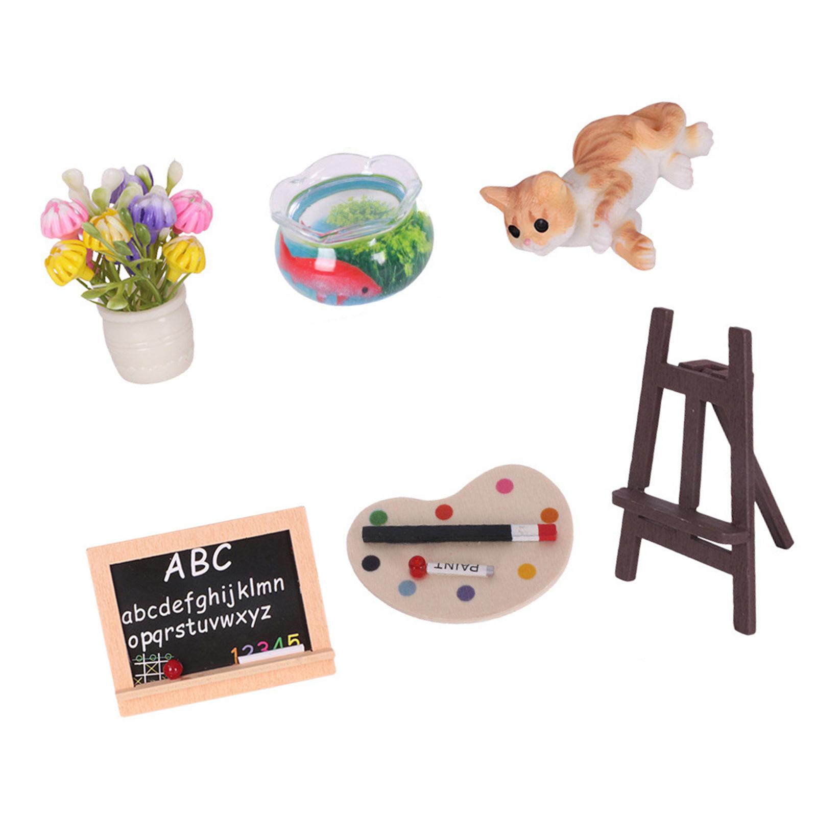6Pieces Miniature Furniture Scene Props with Fishtank Easel Cats for 1/12 Doll House Scene MicroLandscape Decoration зелёный