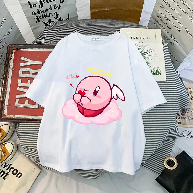 Kirby Shirt Summer O-neck Round T-shirt Cotton Short-Sleeve Tops Solid Color Adult Printed Anime White Tshirt Collar Couple Tees