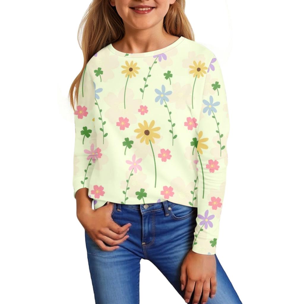 Children's Long Sleeve Tops Casual Print T Shirt Round Neck Pullover Blouse