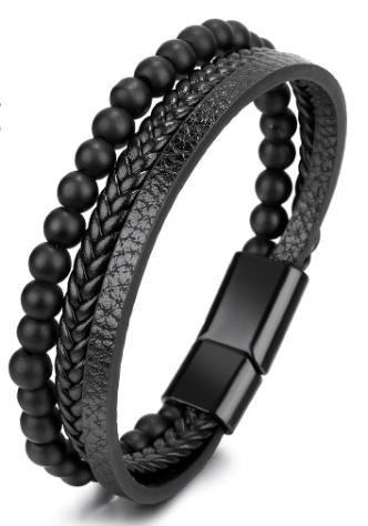 Men' bracelet, black leather, 3-in-1, steel, black elements, gift, 21cm