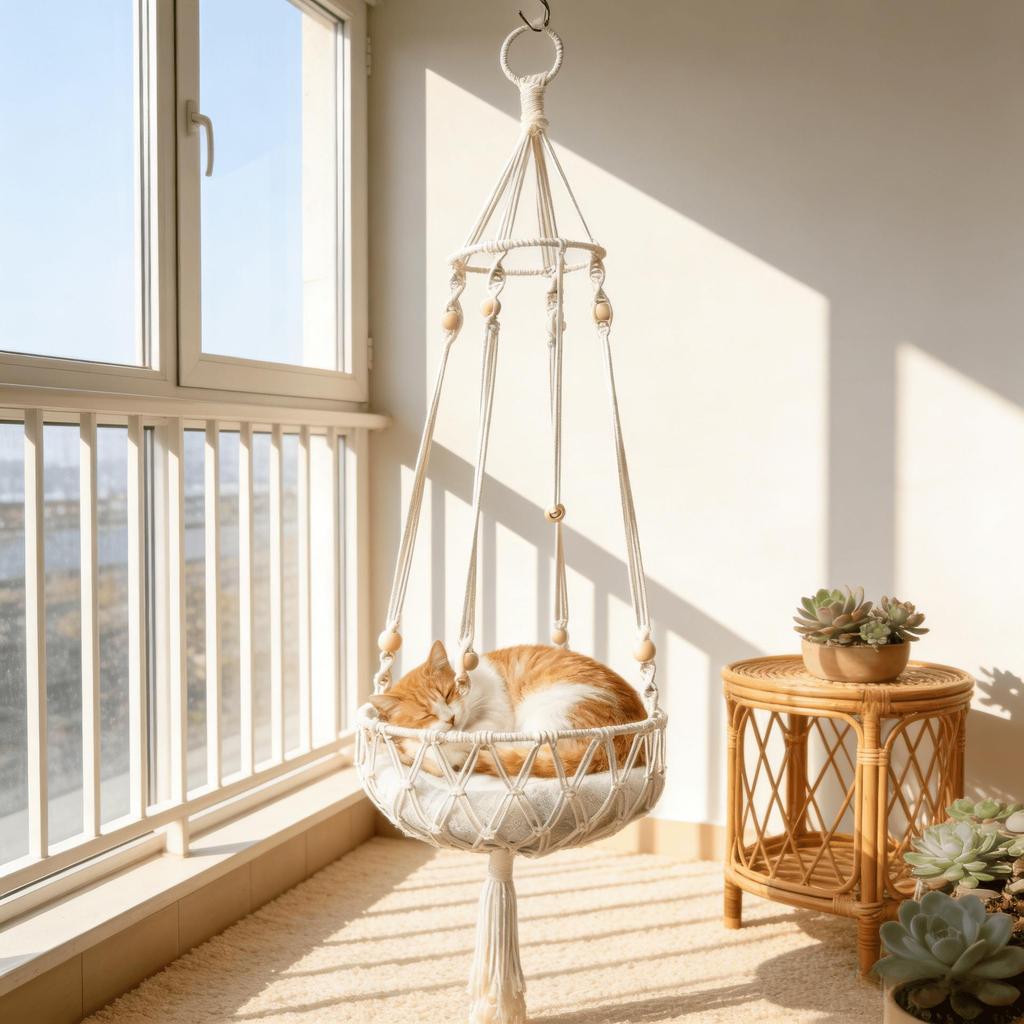 Bohemian Woven Cat Hammock Bed | Hanging Basket Swing for Pets
