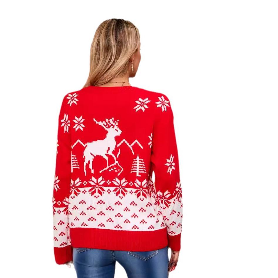 Winter Women's Plus Size Christmas Tree Pullover Round Neck Red Sweater