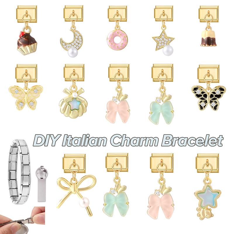 New Y2K Gold Color Butterfly Moon Bow Shell Star Pearl Pendant Italian Charm Link Fit 9mm Stainless Steel Bracelet DIY Making