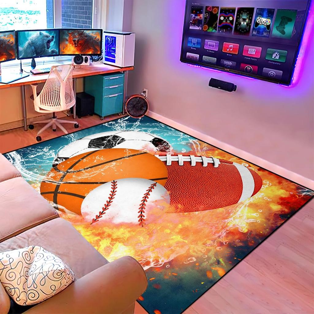Basketball Rug for Boys Bedroom Kids Football Carpet Water Fire Sports Rugs for Boys Bedroom Baseball, Soccer Rug for Playroom