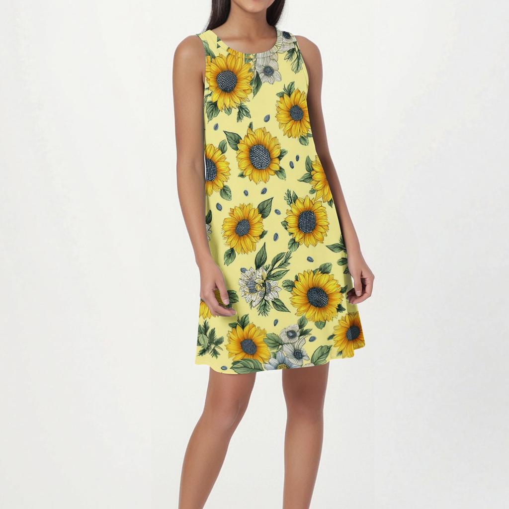 Robe de plage tendance pour femme, sans manches, col rond, imprimé floral