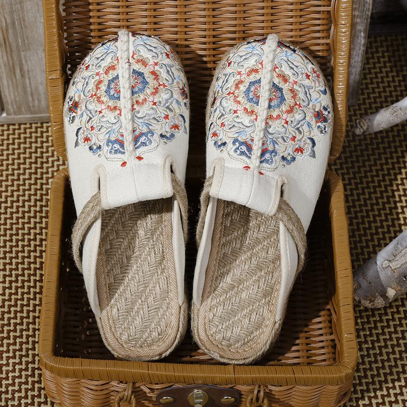 Summer new bag head half slippers women can wear ethnic style embroidered cool slippers flat heel thick sole linen lazy shoes