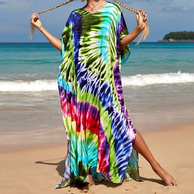 Γυναικείο φόρεμα Boho Cover Up, Contrast Plus Size Loose Fit Vacay Beach Kaftan
