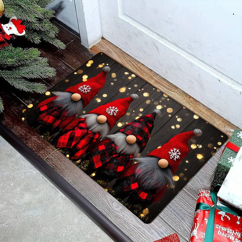 Festive Gnome Door Mat Carpet, Snowflake Golden Bokeh Design Non-Slip Absorbent for Kitchen Living Room Bathroom Decor