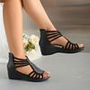 Roman Slope Heel Thick Bottom Round Toe Open Toe Solid Color Back Zipper Women's Large Size Roman Sandals
