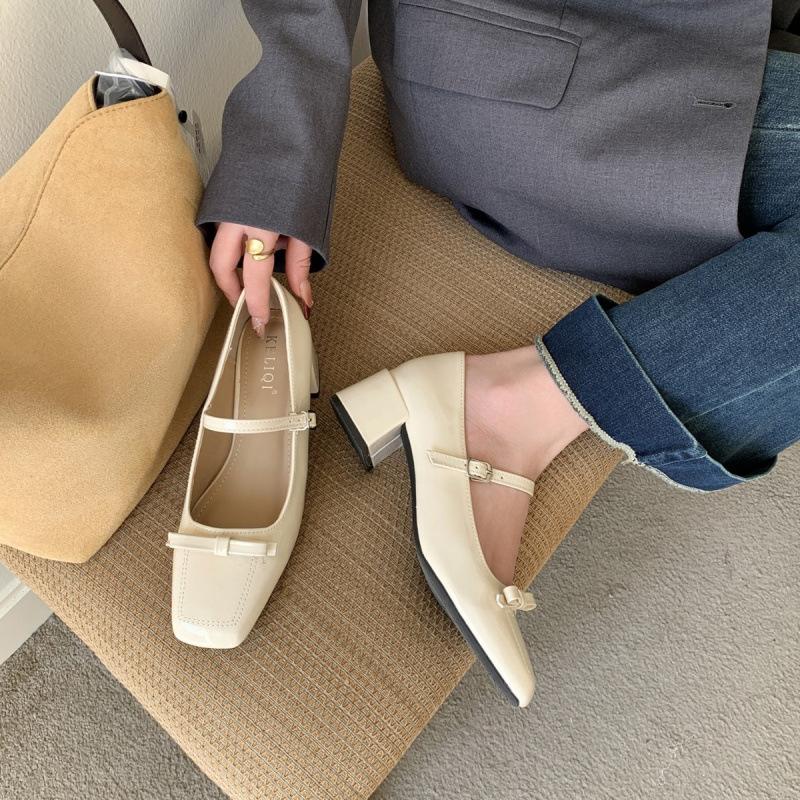 2025 spring new one-word with bow light mouth thick heel Mary Jane versatile OL work commuter women's shoes
