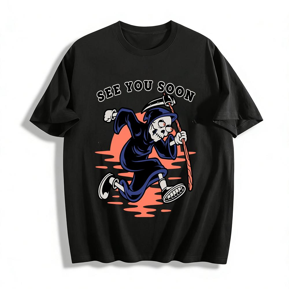 See You Soon Grim Reaper Print Casual Tee Trendy Skull Pattern Short Sleeve Pure cotton T-shirt XXS