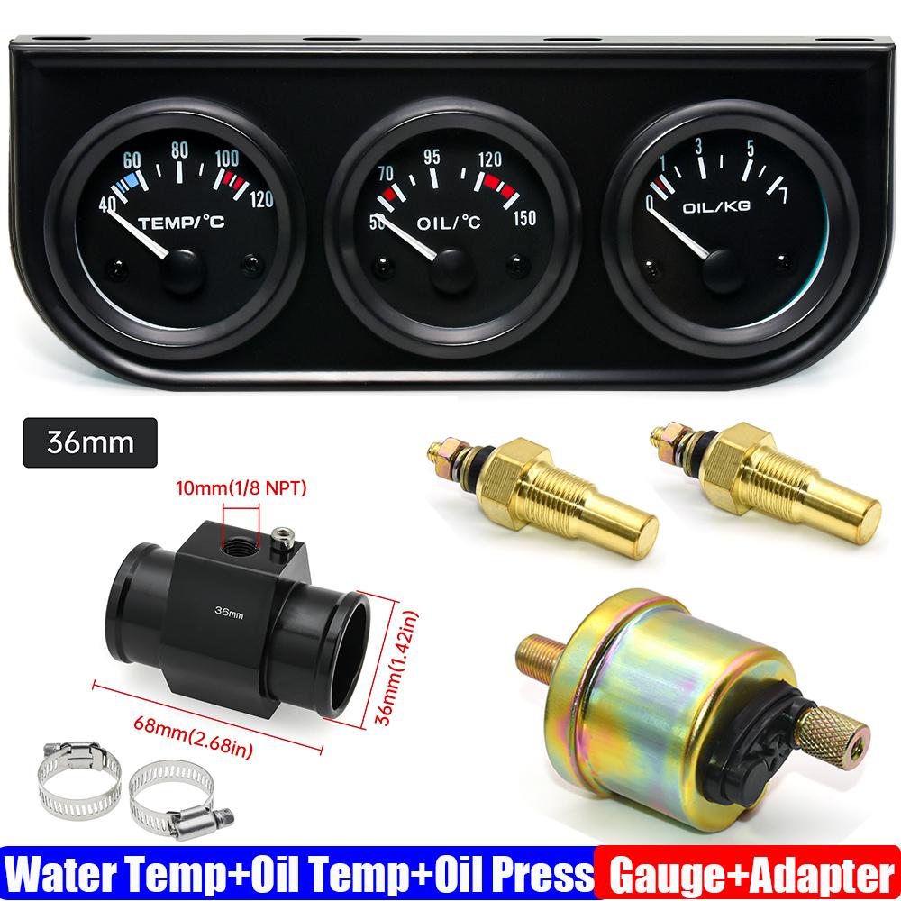 3IN1 Wassertemperaturanzeige+Öltemperaturanzeige+Öldruckanzeige mit Kühlerschlauchadapter 26MM-40MM Auto Dreifach-Anzeigen-Kit 12V