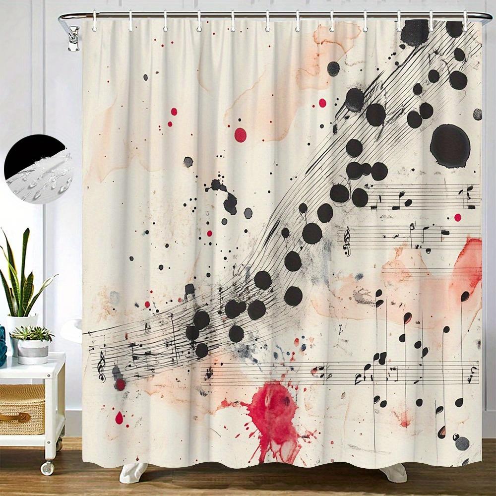 

1Pc Abstract Art Shower Curtain Digital Musical Theme Light Creamy Background Splashes Of Red & Black Ink 12 Hooks 70*70 Inche 90x180cm