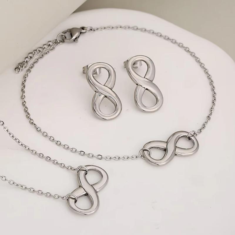 Stainless Steel Infinity Jewelry Set Smooth Polished Infinity Stud Earrings Necklace Bracelet 3Pcs Women Minimalist Jewelry Gift