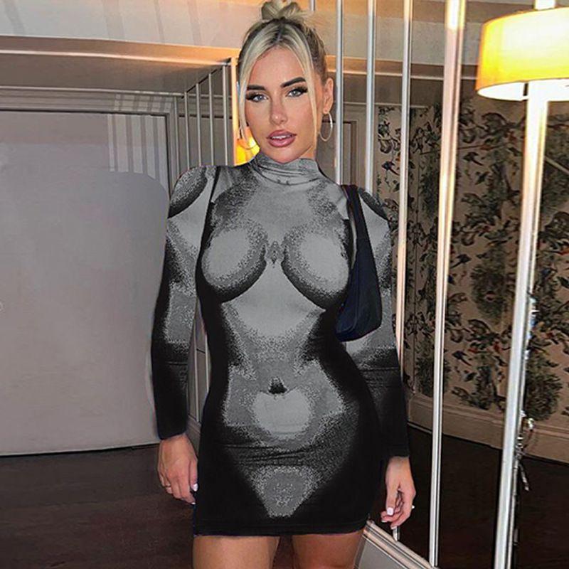 

Print Slim round Neck Sheath Long Sleeve Dress Black L