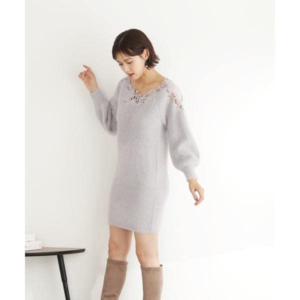 Jill by Jill Stuart Women's Casual Dress, Flower Pearl Embroidery Knit Dress, Light Gray, FR