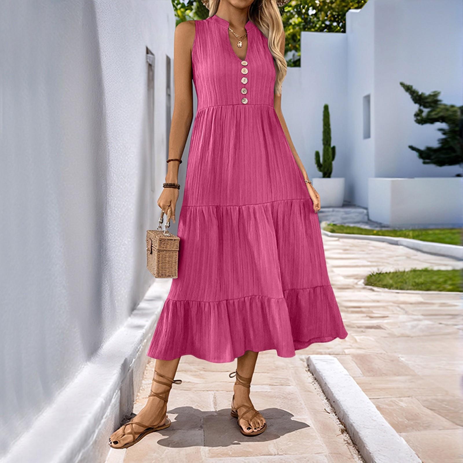 

Женское летнее платье миди без рукавов с оборками по подолу, многослойное струящееся повседневное пляжное платье для отдыха XL горячий розовый