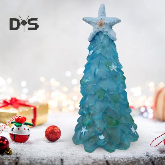 Seaglass Christmas Tree Decoration Blue Green Sea Glass Starfish Shell Ocean-themed Xmas Tree Figurine Holiday Resin Tree Desktop Ornament