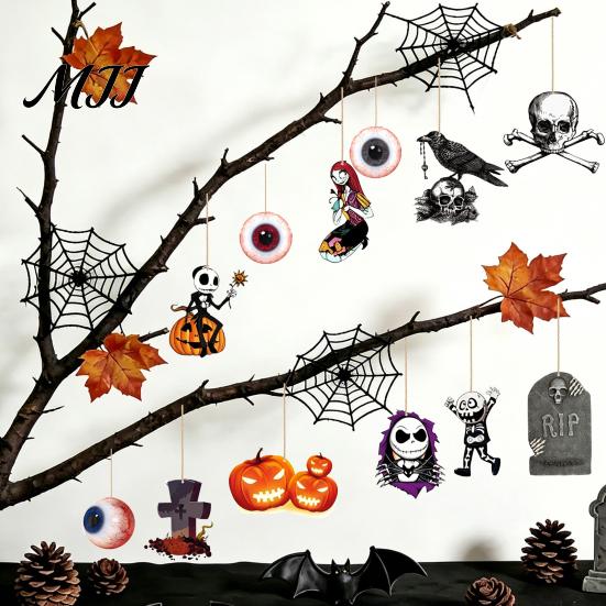 Halloween Hanging Decor 6Pcs Wooden Decoration, Ghost Pumpkin Eyeball Indoor Outdoor Ornament with Rope, Spooky Holiday Party