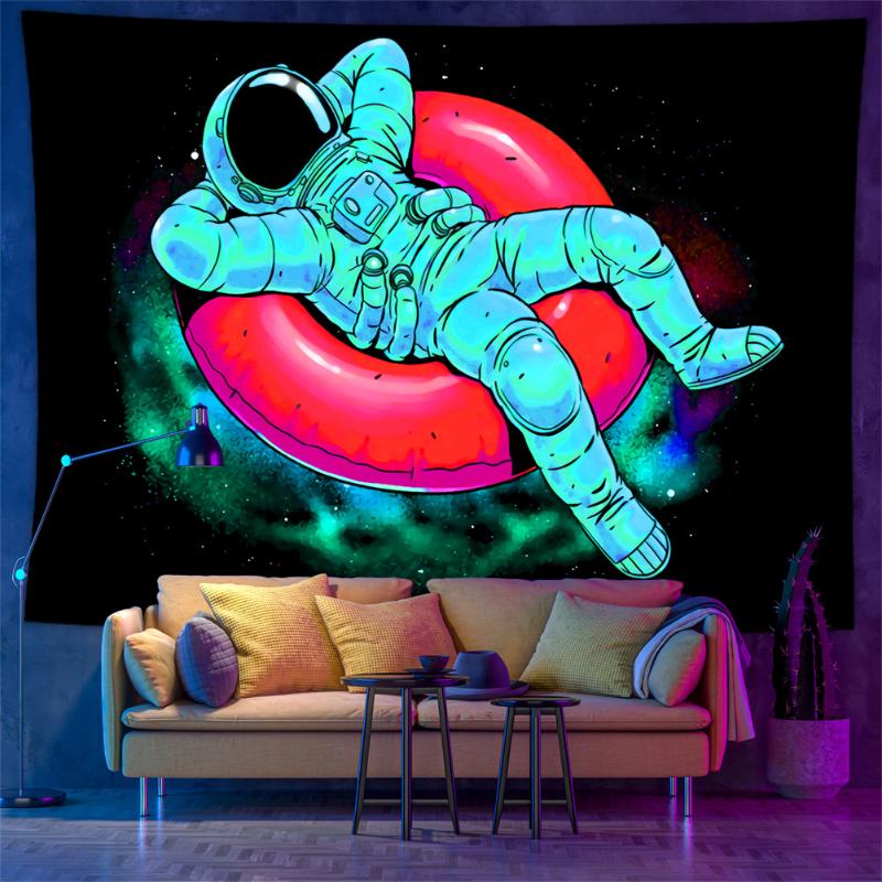 Blacklight Astronaut Jellyfish Tapestry UV Reactive Psychedelic Wall Hanging Cool Gamer Bedroom Home Decor