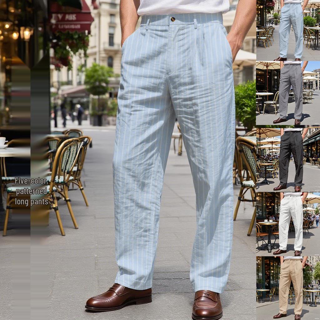 Men's Striped Linen Trousers - Casual Loose Fit for Spring/Autumn