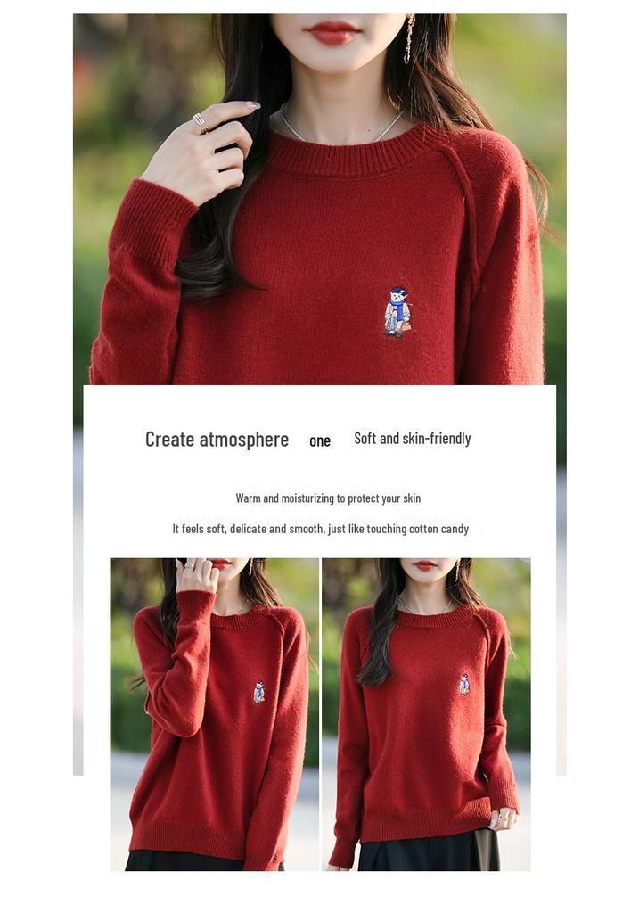 Women's Korean Style Bear Embroidery Thick Knit Sweater - Autumn/Winter Casual Long Sleeve Pullover