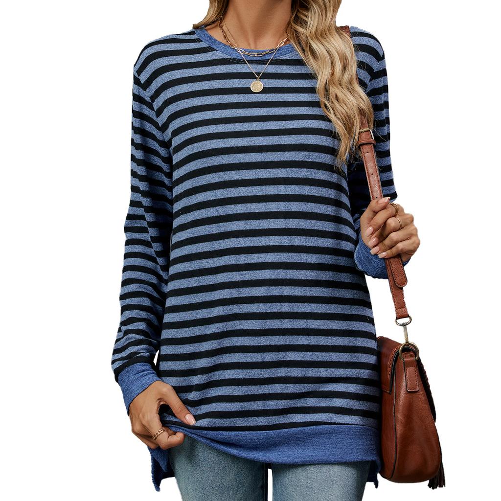 YYFS Blusas y camisas de cuello redondo de manga larga con estampado de rayas informales de moda para mujer para primavera y otoño