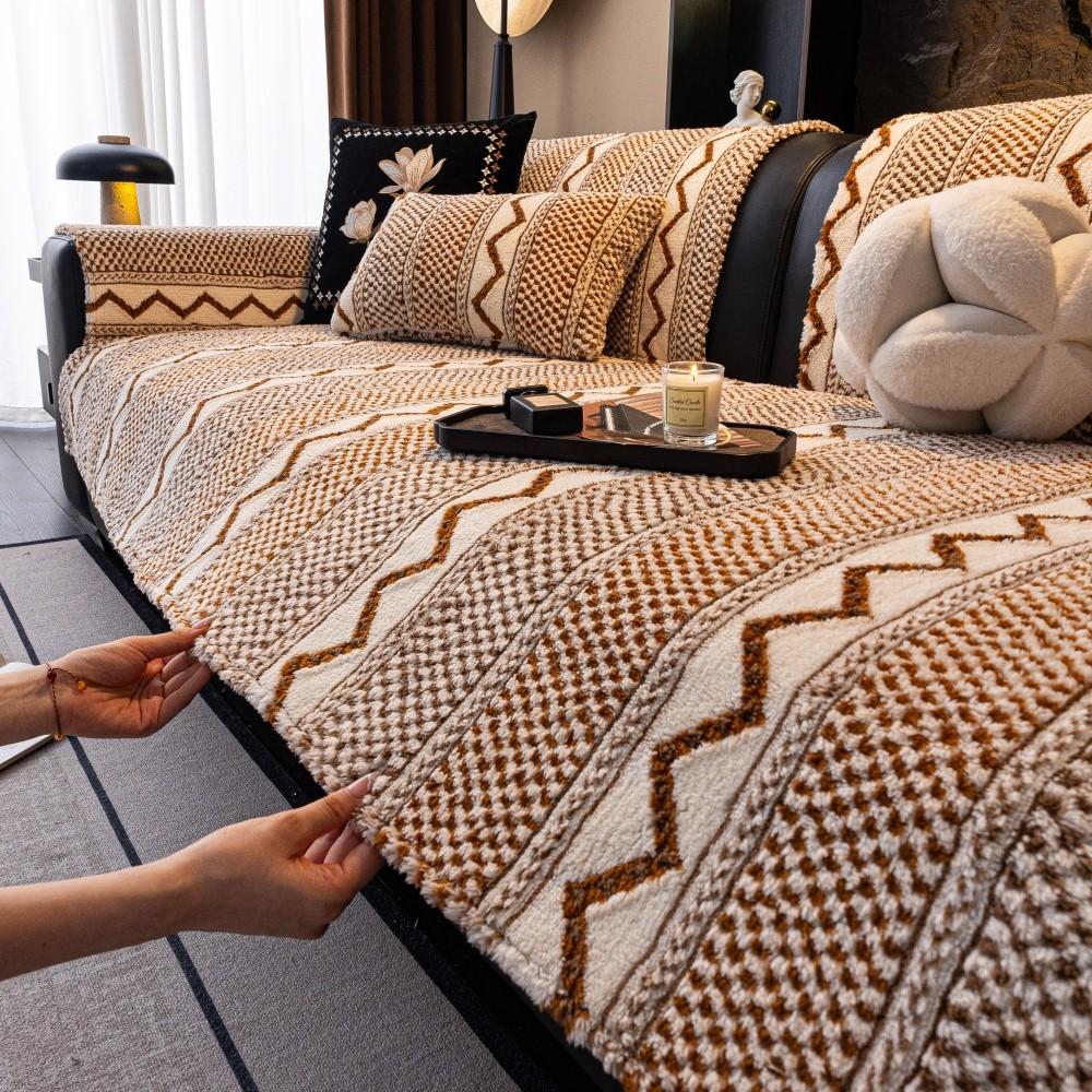 Coral Fleece Sofa Cushion One-Piece Non-Slip Washable Seat Pad Leather Couch Premium Striped Sofa Cover Cushion Sofa Armrest