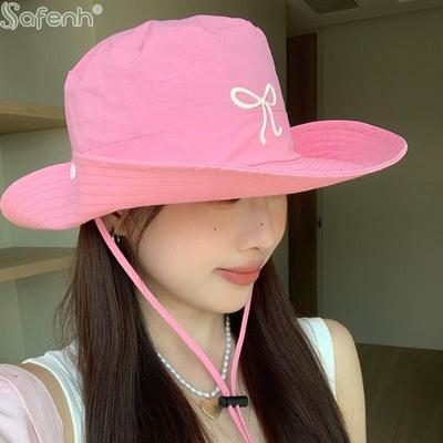 1Pcs Summer Hiking Camping Caps Fashion Bow Embroidery Quick Dry Bucket Hat Wide Brim Fordable Sunscreen Y2K Hats Girl Women