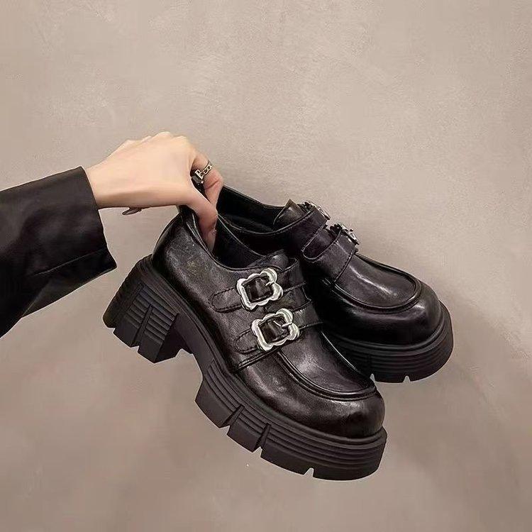 Thick-soled autumn new comfortable soft-soled British style double-buckle small man heightened thick-heeled small leather shoes 35 чёрный