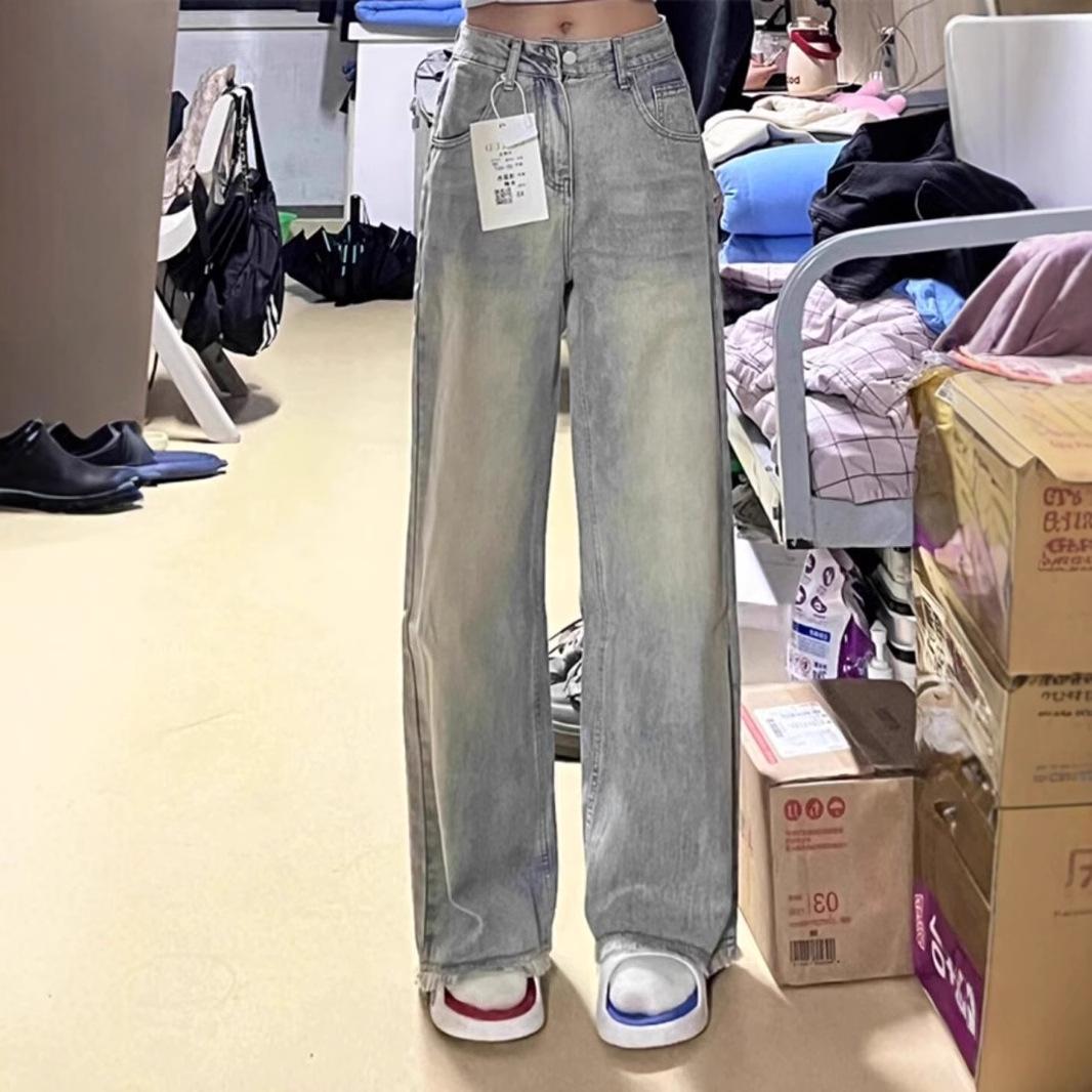 

Girls Distressed Frayed Jeans - 2024 Autumn Loose Wide-Leg Pants for Junior and High School Students XL жовтий