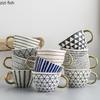 American Irregular Geometric Ceramic Coffee Cup with Gold Plated Handle Black and White Pattern Milk Tea Cup Home Accessories