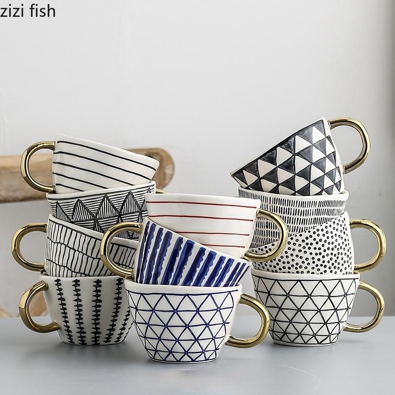 American Irregular Geometric Ceramic Coffee Cup with Gold Plated Handle Black and White Pattern Milk Tea Cup Home Accessories