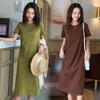 2026 summer new medium and long t-shirt loose and thin over the knee short-sleeved avocado green dress