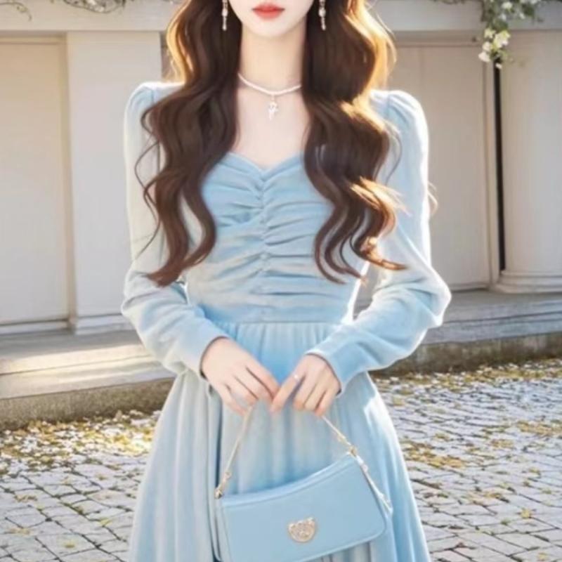 Early Autumn Luxury Temperament Long Skirt Women's Autumn High-End Blue Velvet Dress