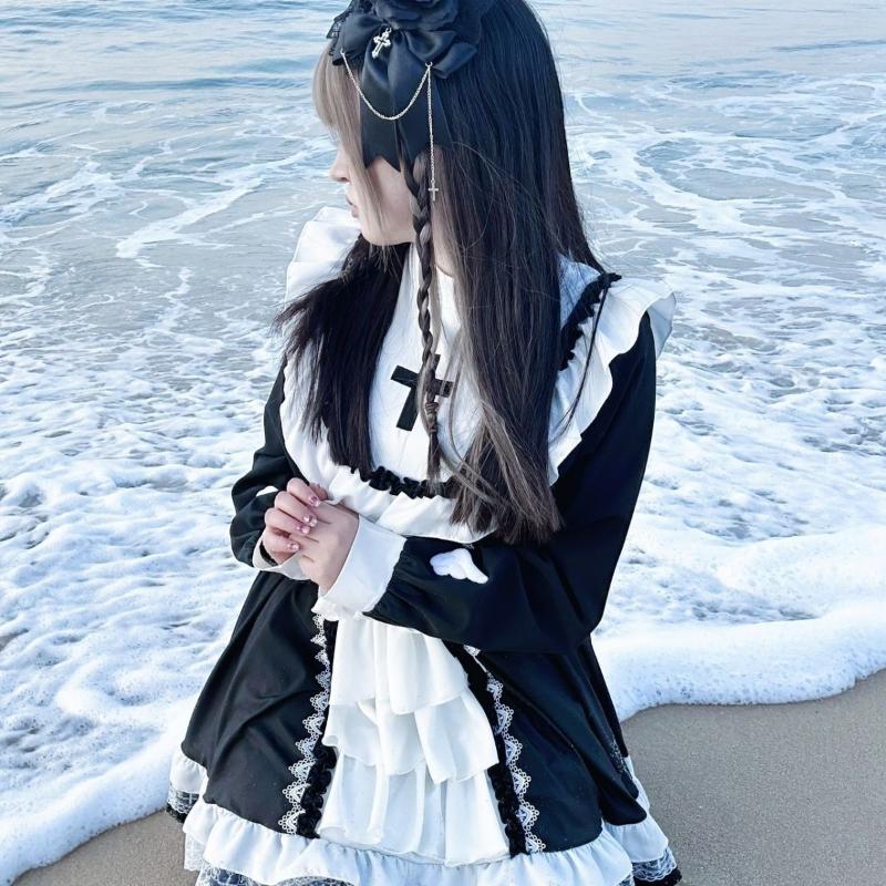 Japanese Gothic Lolita OP Dress Women Kwaii Bow Ruffles Blue White Patchwork Princess Dresses Girl Harajuku Tea Party Mini Dress