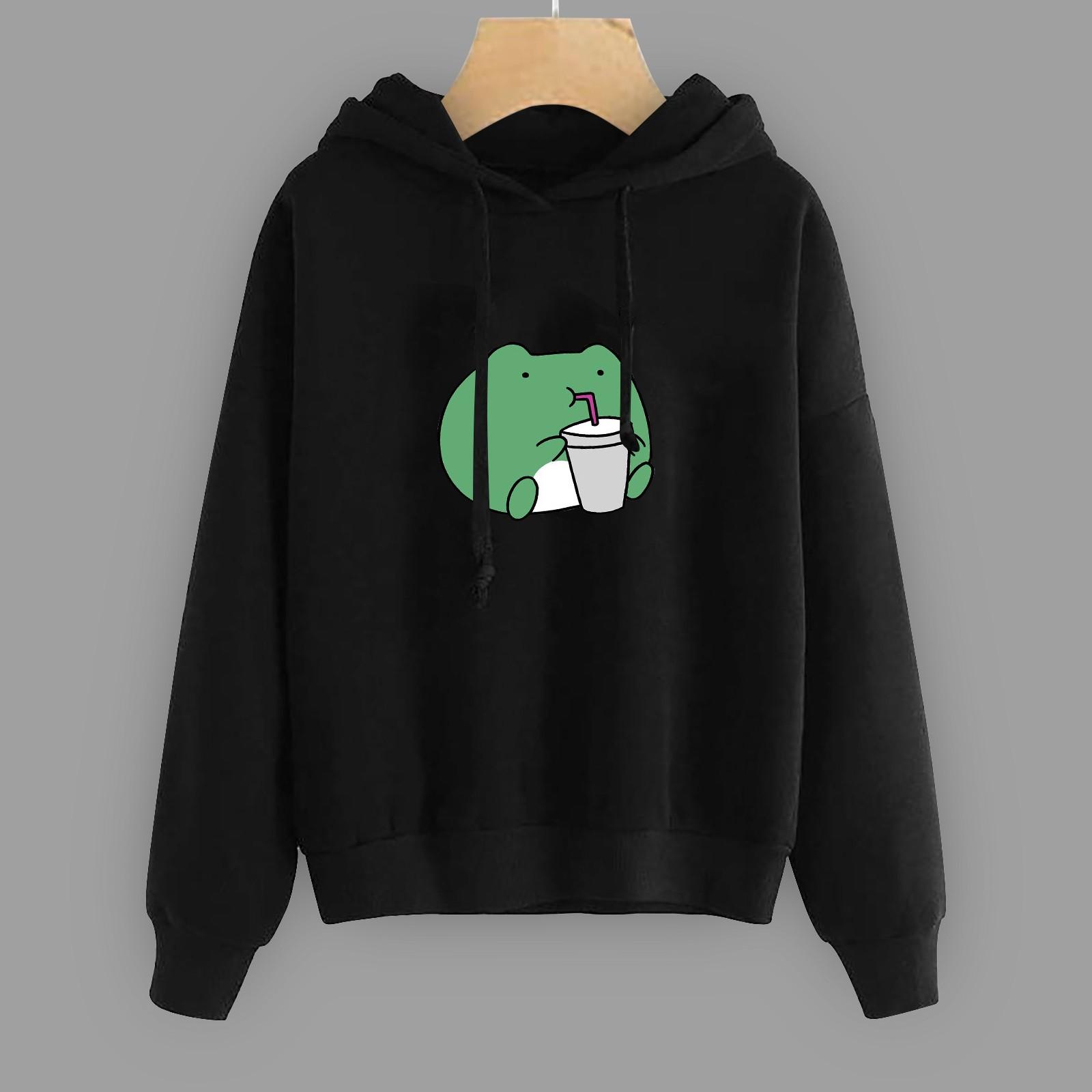 Women s Fashion Casual  Print Hooded Sweatshirt Loose Sports Tops Pullover S чёрный