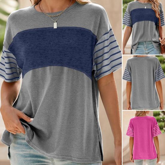 Women T-shirt Round Neck Short Sleeve Color Block Tee Shirt Loose Fit