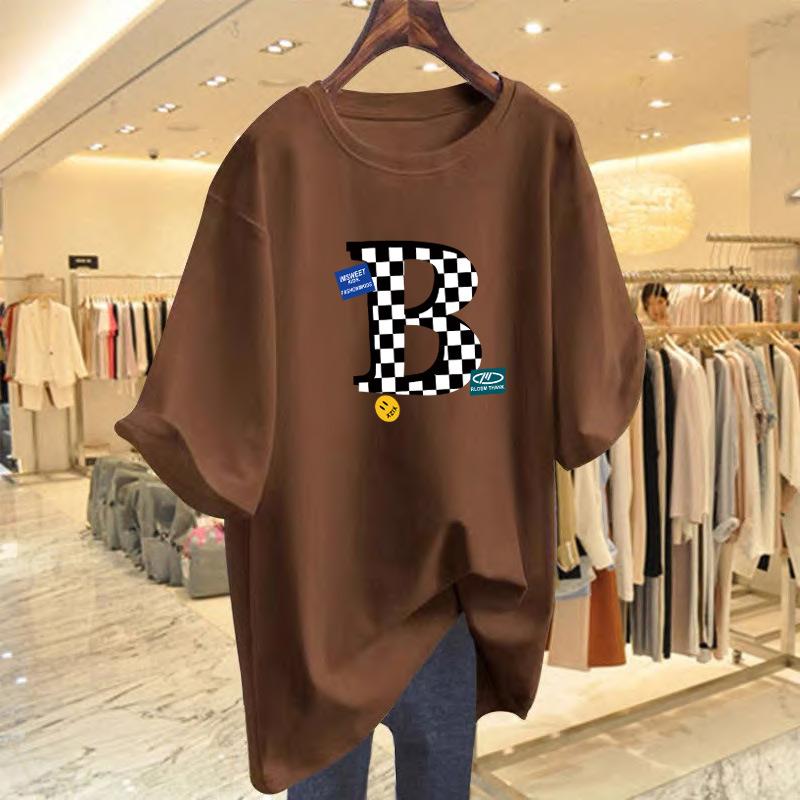 

New letter print loose t-shirt versatile casual summer short-sleeved medium and long top XXXL