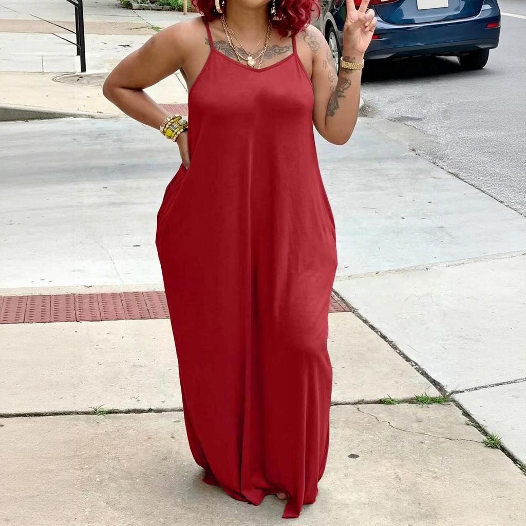 Women's Loose Fit Sleeveless Maxi Dress Casual Spaghetti Strap Relaxed Style Long Dress with Pockets for Summer Fashion