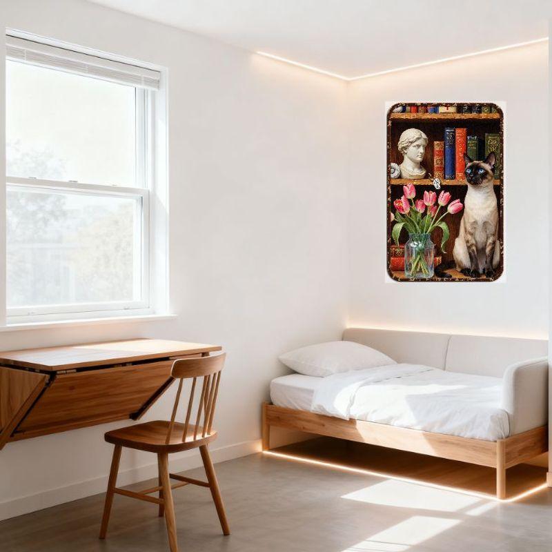 Vintage Wooden Bookshelf with Cat & Tulips Tin Sign Retro Metal Poster for Home Bar Cafe Wall Decor 8x12 Inch