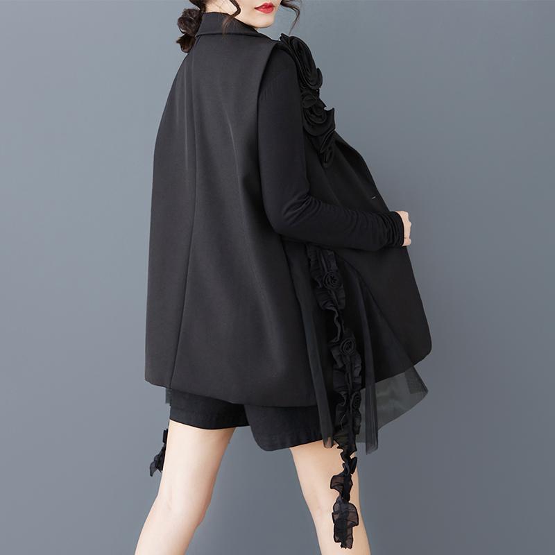 DIMANAF 2025 Spring Plus Size Women Sleeveless Buttons Vest Flower Style Solid Coat Casual Loose Black Tops