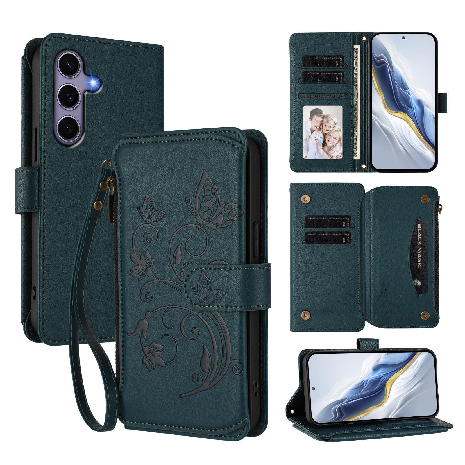 

For Samsung Galaxy S25/Galaxy S24 Leather Case Butterfly Floral Imprint Zipper Wallet Stand Cover with Wrist Strap Green