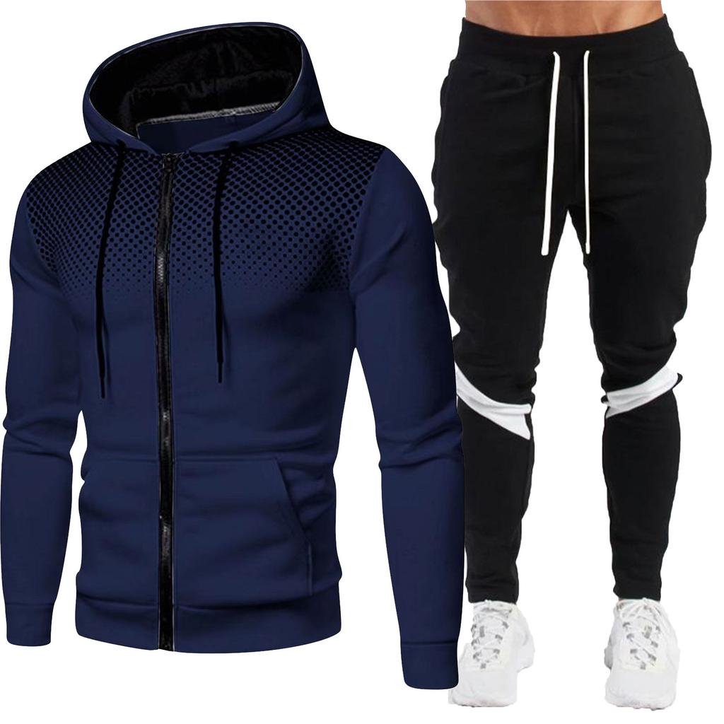 Fashion Men's Jacket Two Piece Zipper Hoodie+Pants Winter Warm Sports Wear Running Sports Wear