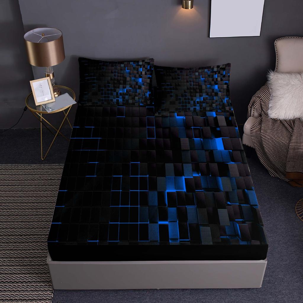 Mattress Three-Piece Digital Printing Bed Sheet All-Inclusive Bed Cover Honeycomb Plaid Pattern Bedding