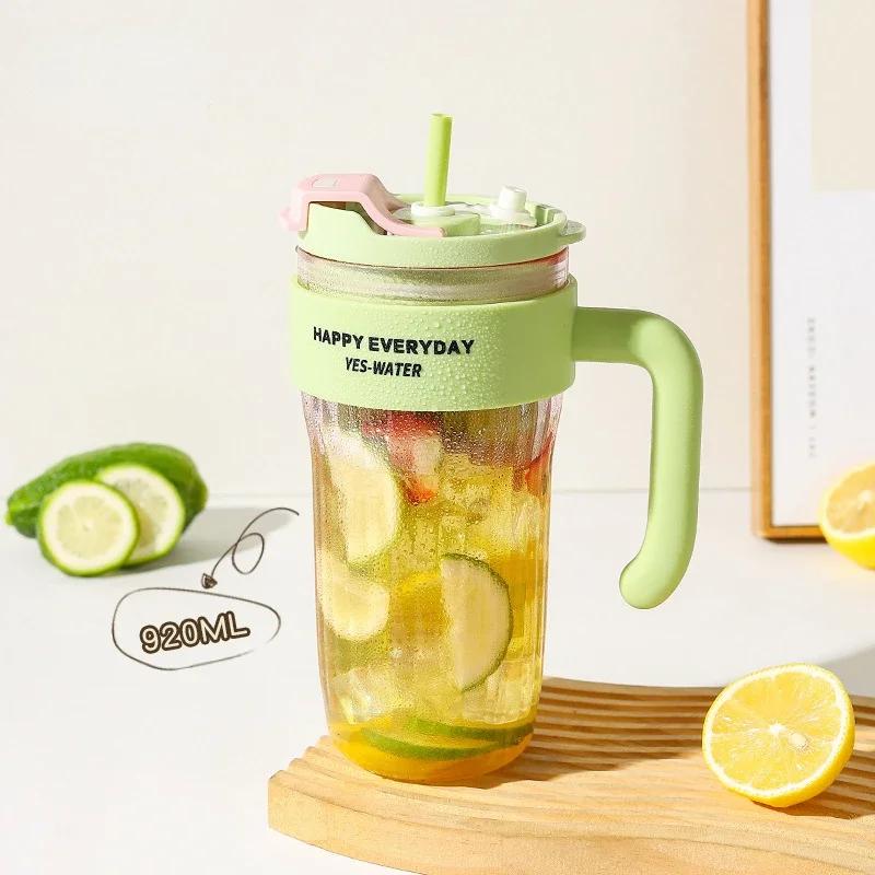 

920 мл соломенная пластиковая чашка для воды большая емкость портативные кофейные чашки с ручкой спортивные фитнес прозрачные бутылки для воды подарки 920ml зелёный