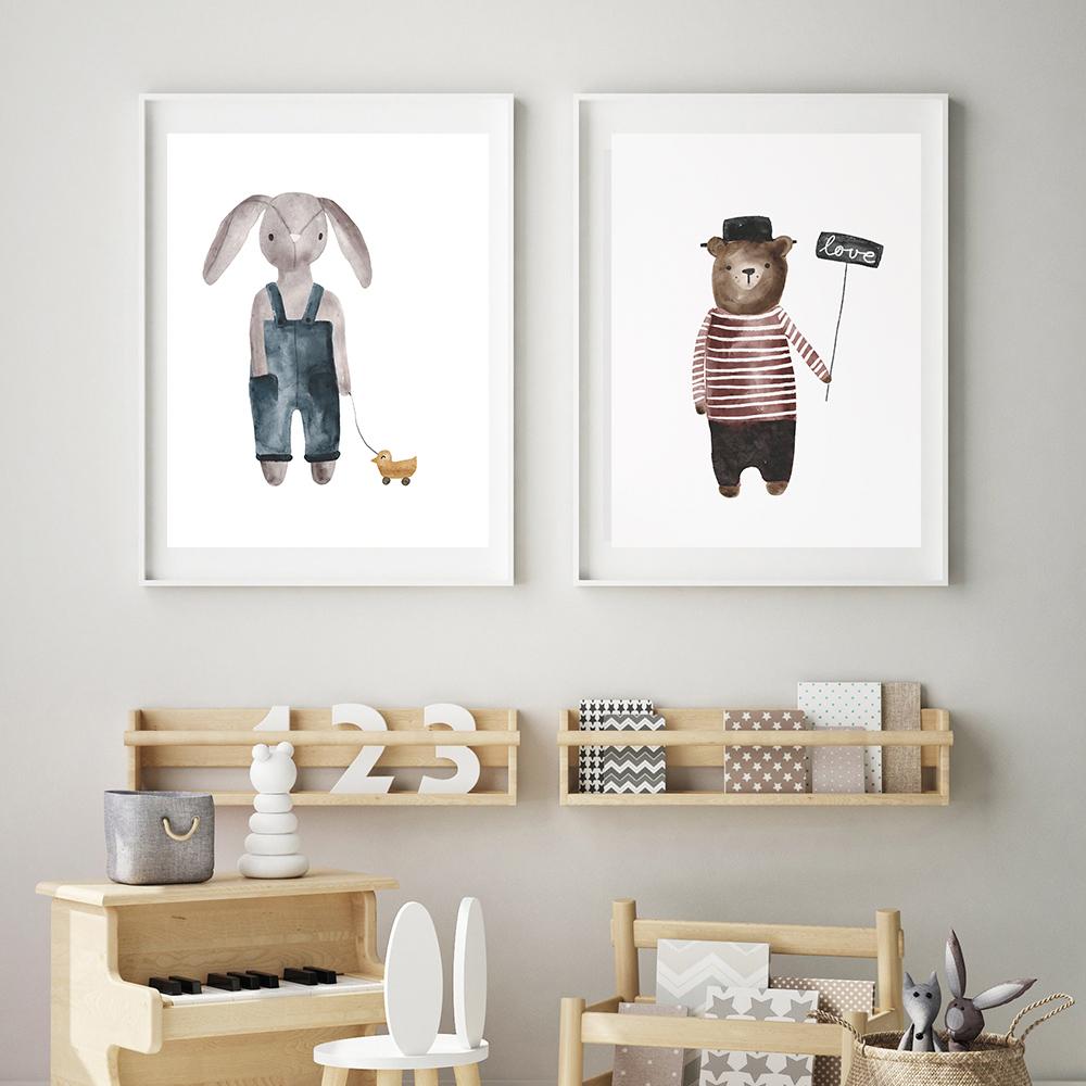 Lustige Tiere Kaninchen Gans Bär Katze Mädchen Blume Ballon Alphabet Poster Drucke Wand Kunst Leinwand Bilder für Baby Kinder Zimmer Dekor