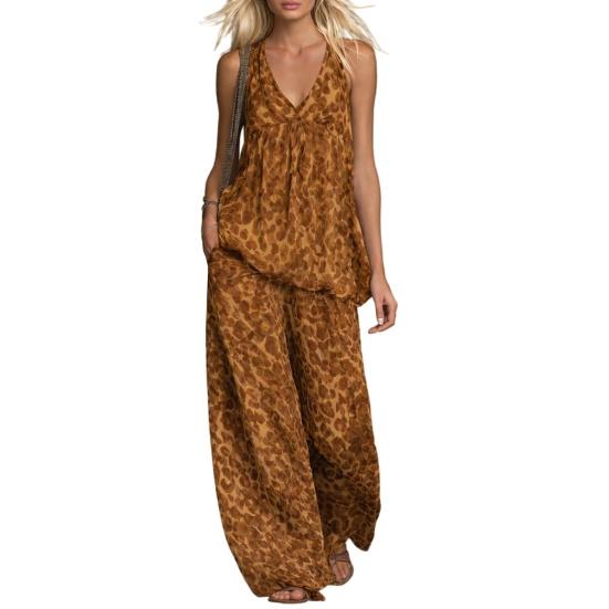 

Summer Printed 2 Piece Sets for Women Sleeveless V Neck Tank Top And Wide-Leg Pants Lounge Sets Casual Vacation Matching Outfits XL коричневый