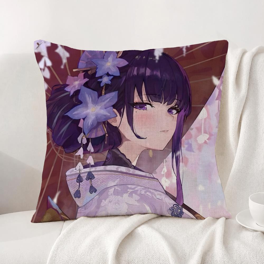 Genshin Impact Raiden Shogun Cushion Cover Natural Linen Pillowcase Set AllinOne Decor Cushion Cover for Sofa Bedroom Chair